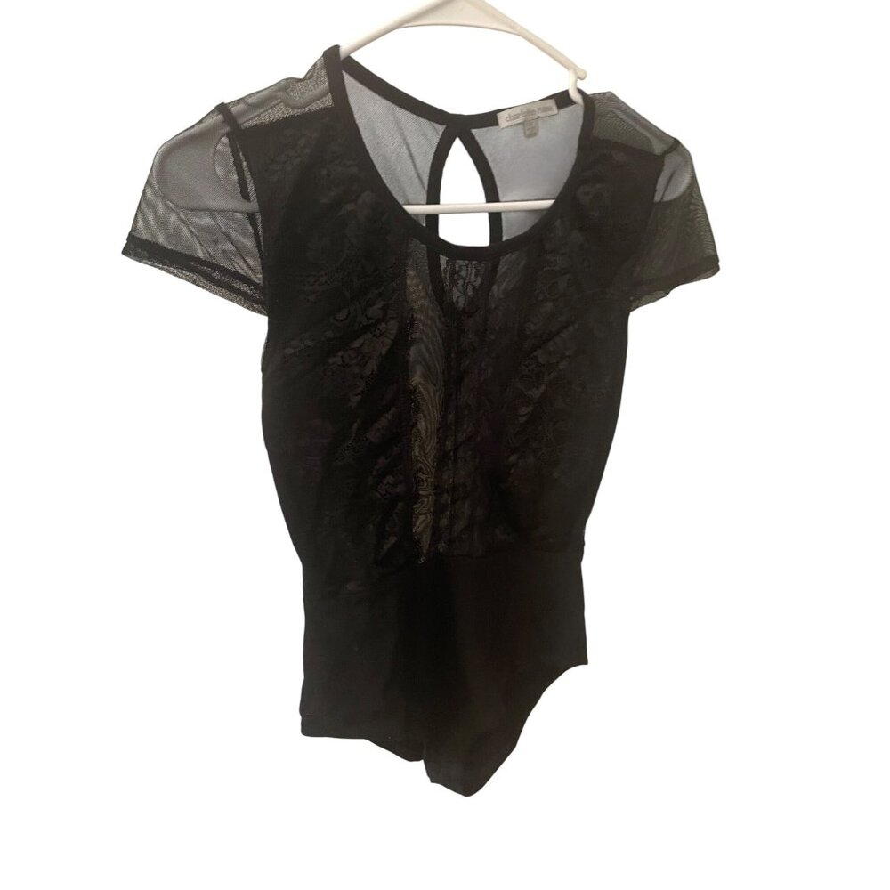 Black Lace & Mesh Short Sleeve Bodysuit By Charlotte Russe Size S y2k Gothcore